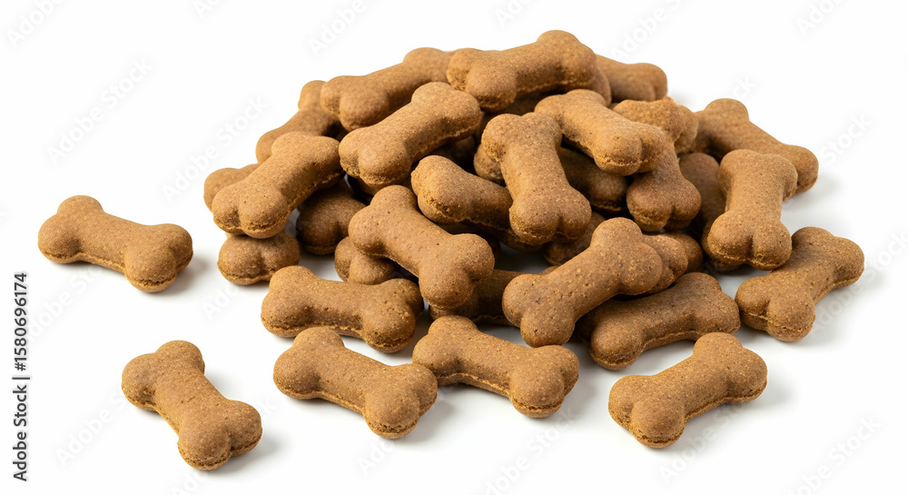 Fototapeta premium Pile of Brown Bone Shaped Dog Treats on White Background