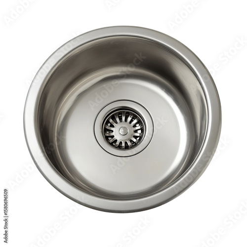 Shiny Kitchen Sink: A top-down view of a gleaming, stainless steel kitchen sink, showcasing its circular basin and drain in pristine condition, ready for culinary tasks.