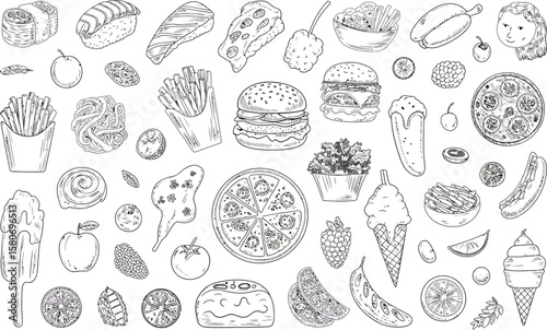 A collection of hand drawn food items including sushi pizza burgers fries ice cream and fruits in black and white