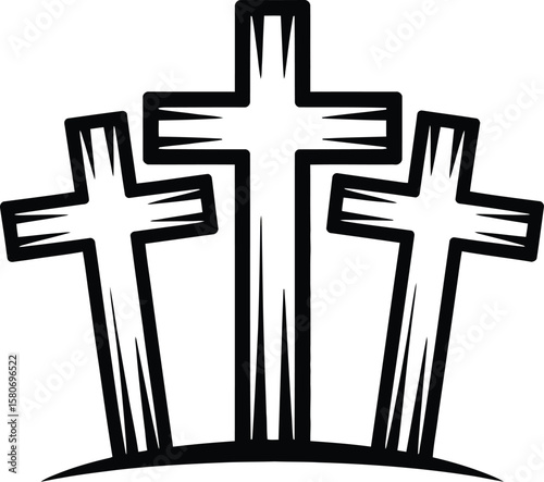 Three crosses outline illustration on a hill in black and white against a plain white background