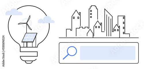 Lightbulb with wind turbine and solar panel, urban skyline line art, magnifying glass search bar. Ideal for sustainability, innovation, eco urban planning, environmental solutions, clean energy