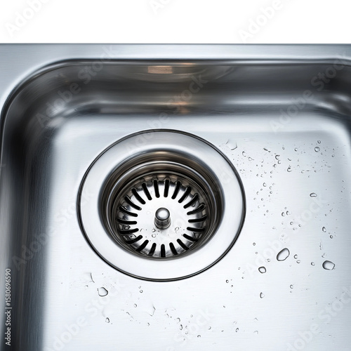 Stainless Steel Sink Close-up: A shiny stainless steel sink glistens under the light, featuring a functional drain with water droplet scattered around the basin.