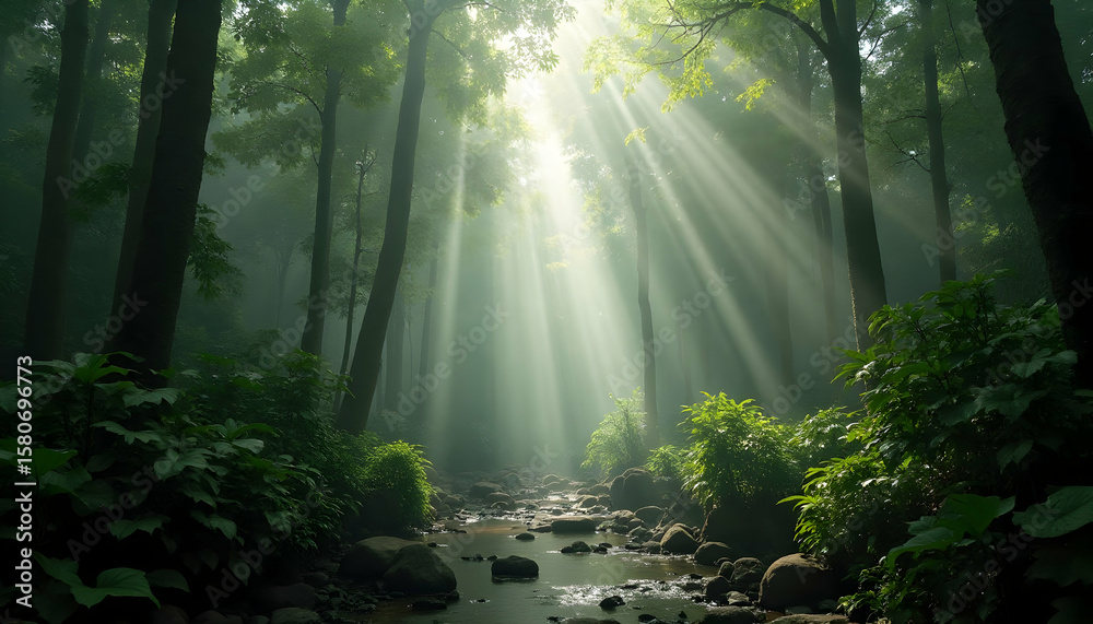 Obraz premium Sunbeams Streaming Through Misty Forest with Flowing Stream