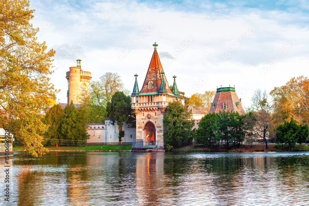 Medieval Franzensburg castle on lake in colorful autumn Laxenburg park, Lower Austria Medieval Franzensburg castle on lake in colorful autumn Laxenburg park, Lower Austria