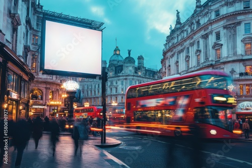 London billboard mockup in Piccadilly area, storefronts and red buses under bright white sign, busy street in urban cityscape for high-impact advertising