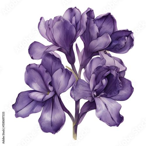 Violet Freesia Flower Watercolor Illustration. Hand-Drawn Tender Lilac Freesia in Full Bloom, Isolated on White Transparent Background