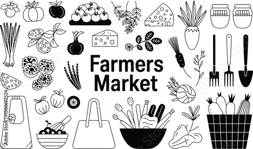 Farmers market illustration with produce, tools, and bags in black and white outline style art