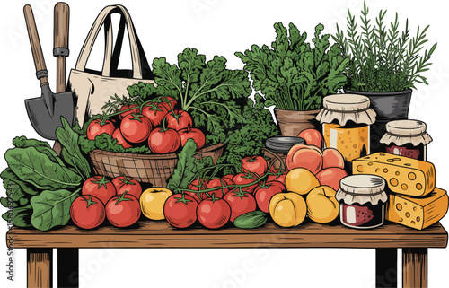 Still life of garden harvest with tomatoes herbs peaches cheese and gardening tools on a table