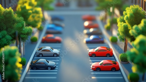 Fototapeta Naklejka Na Ścianę i Meble -  Miniature city street with parked cars and trees