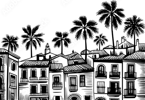Hand-drawn vintage Spanish cityscape vector with terracotta rooftops, palm trees, arched windows, and Mediterranean charm in linocut style for retro travel posters and tourism design