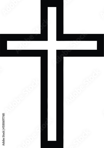 A simple black outlined christian cross symbol centered on a plain white background for religious use