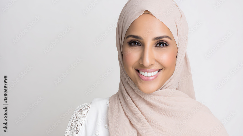 A poised Middle Eastern businesswoman in an elegant hijab smiles against a clean white backdrop. A poised Middle Eastern businesswoman in an elegant hijab smiles against a clean white backdrop.