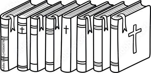 A row of seven books with crosses and bookmarks in a black and white line drawing illustration