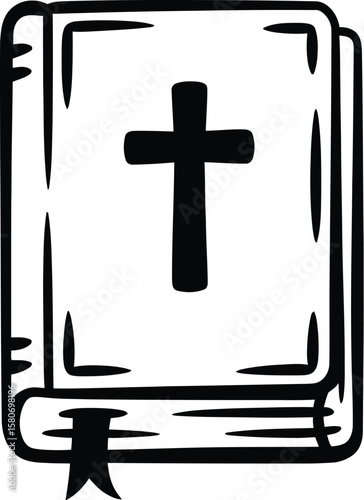 Illustration of a closed book with a cross on the cover and a bookmark on a white background