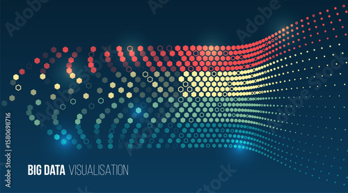 Colorful hexagon data flow pattern on a dark blue background. Modern abstract concept of big data visualization, digital technology, and information analytics.
