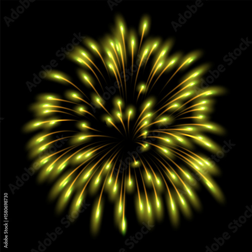 Fireworks salute with shining sparks, vector bright golden and green firecracker salute explosion, festive pyrotechnic