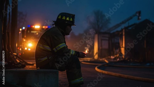 Tired firefighter rests with cigarette after battling blaze near fire engine at night
