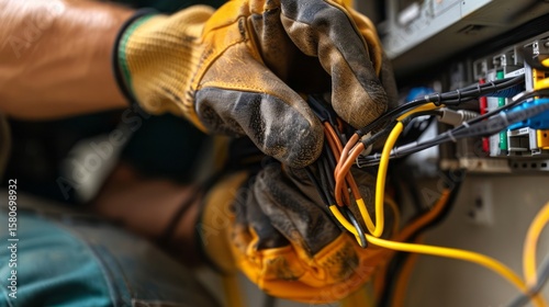 Close up shows a skilled electrician meticulously connecting colorful wires to a complex electrical panel with precision and safety measures taken.