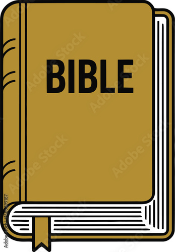 Illustration of a golden bible with black outline and the word bible written on the cover book isolated