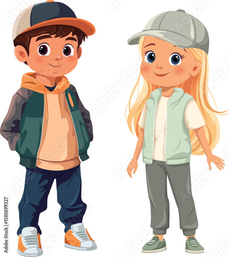 Cartoon boy and girl in hoodies and caps vector illustration