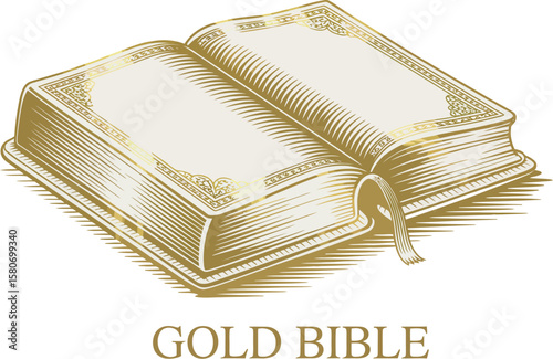 Illustration of an open book with gold leaf detailing and a ribbon bookmark on a cream background