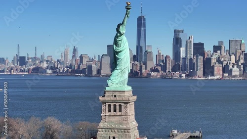 Liberty Statue At Manhattan In New York United States. Hudson River. Port Of New York Scene. Liberty Statue At New York United States. Boat Sailing Background.