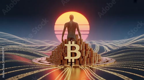 A digital silhouette stands before a stylized Bitcoin symbol, surrounded by abstract waves, with a vibrant sunset in the background.