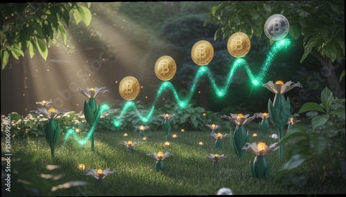 A serene landscape featuring flowers and glowing cryptocurrency coins, symbolizing growth and prosperity in a natural setting.