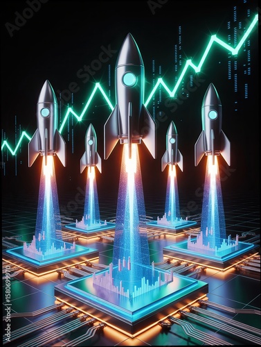 Futuristic rockets launch from digital platforms, symbolizing innovation and growth in technology and finance.