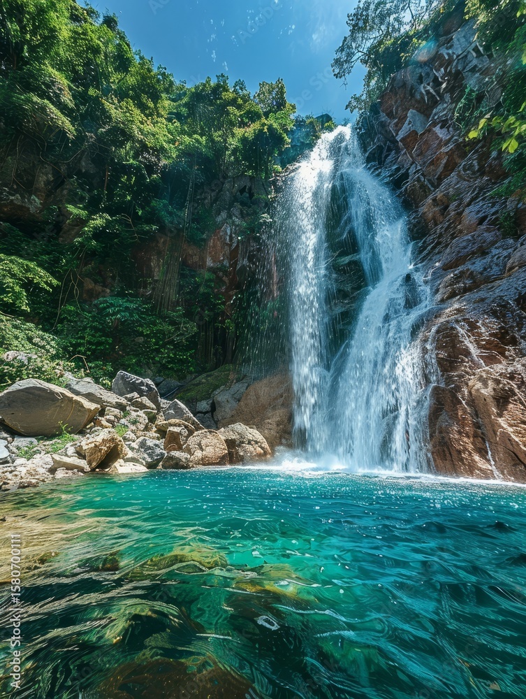Naklejka premium A breathtaking waterfall plunges into a clear, blue pool, surrounded by lush green forest and rocky cliffs, highlighting the natural beauty and serenity of the scene