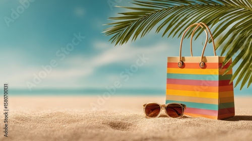 Wallpaper Mural Colorful shopping bag and sunglasses on sandy beach with palm tree   Torontodigital.ca