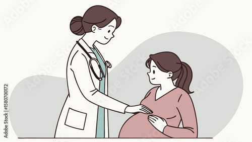 Prenatal care visit vector illustration of doctor examining pregnant woman for health and wellness checkup