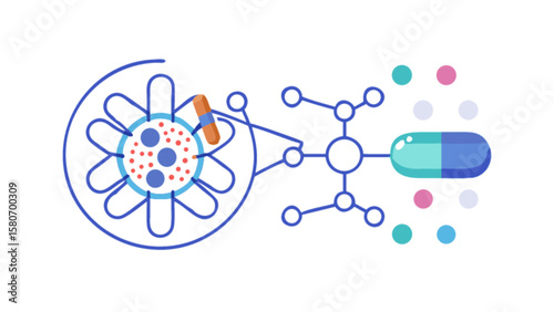 Drug delivery system illustration showing capsule and molecule structure for pharmaceutical research use