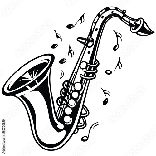Stylized black and white saxophone with musical notes silhouette