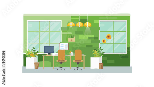 Office interior design green workspace with desk chair computer plants and natural light for productivity focus