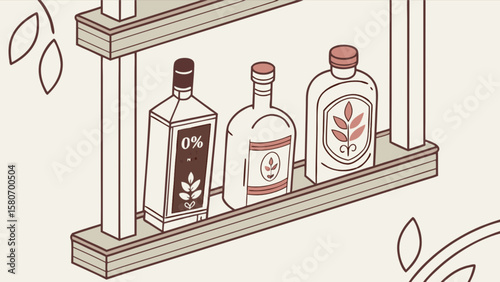 Shelf with alcohol free drinks bottles and herbal infusions for healthy lifestyle and wellness concept
