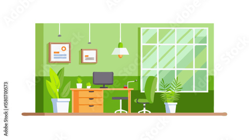Illustration of green office interior design with desk plants and window for workspace inspiration