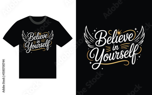 Believe in yourself motivational quote with elegant wings and stars design