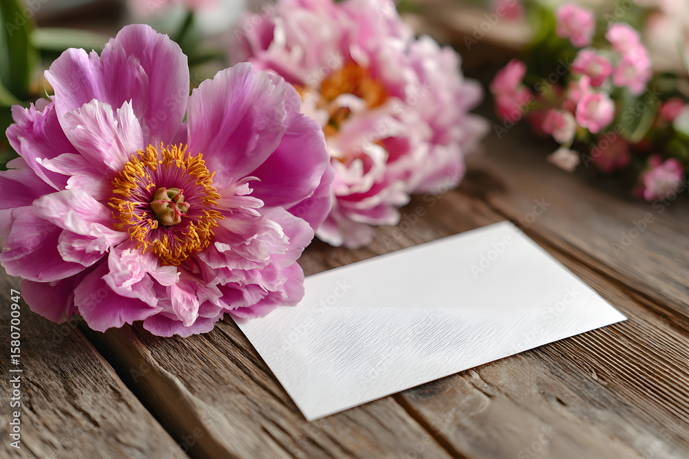 Obraz premium Invitation blank card mockup with peony flower