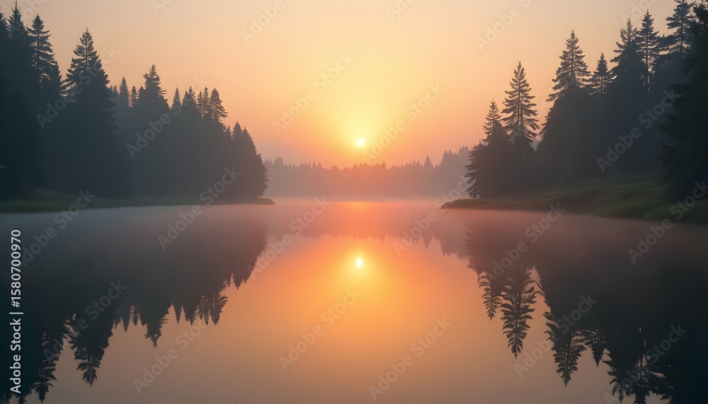 Fototapeta premium Lake at Sunrise with Forest Reflection and Fog