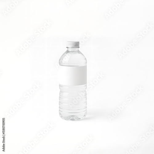 Clear plastic water bottle mockup on white background, isolated and empty with blank label, perfect for product design, branding, or packaging presentation

