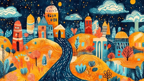 Whimsical nighttime village with colorful houses and starry sky