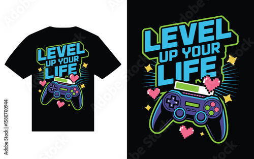 Level up your life gaming controller pixel art heart and stars t shirt design