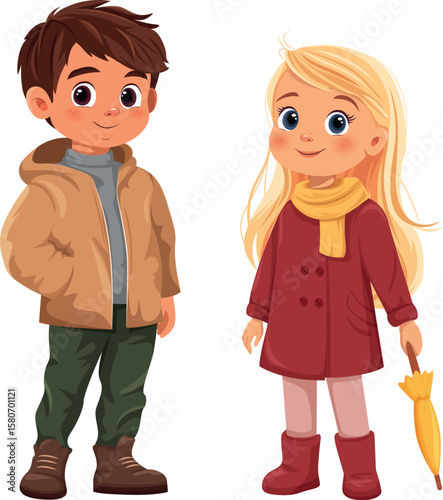 Cartoon boy in jacket and girl with umbrella in autumn clothes vector illustration