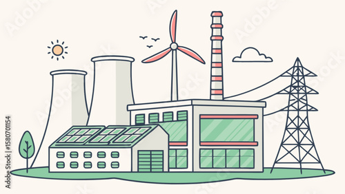 Illustration of a power plant with solar panels wind turbine and transmission tower for renewable energy 100