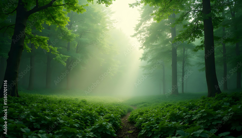 Fototapeta premium Walking Path Through a Foggy Forest with Sunlight Streaming