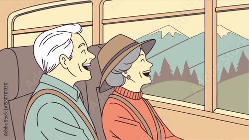Happy senior couple enjoying scenic bus tour travel adventure with mountain views and vacation memories together