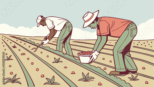 Farmworkers harvesting crops in agricultural field illustration vector design drawing for farming concept 100