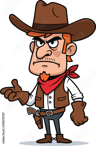 Angry cartoon cowboy with hat and red bandana, wild west sheriff character, vintage western man, outlaw gunman illustration, tough cowboy expression, frontier style drawing