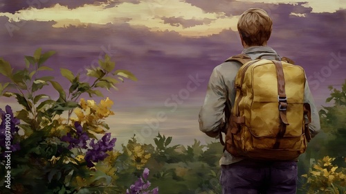 Adventurer with backpack enjoying serene sunset in nature